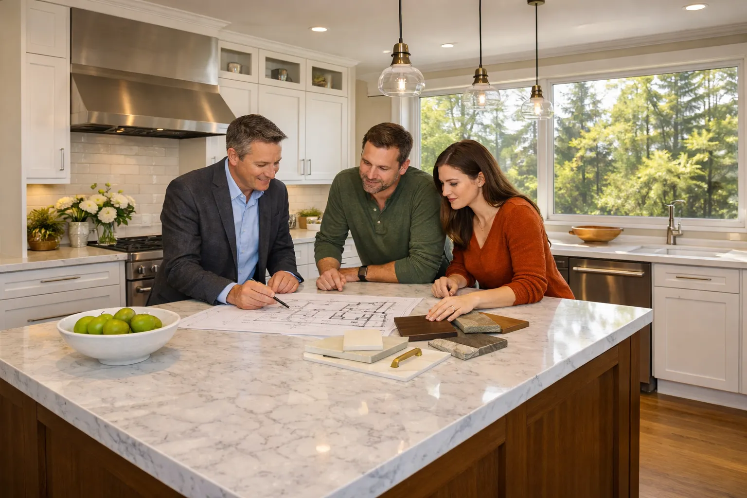 Seattle kitchen design consultation — designer and homeowner reviewing custom kitchen plans at a kitchen island