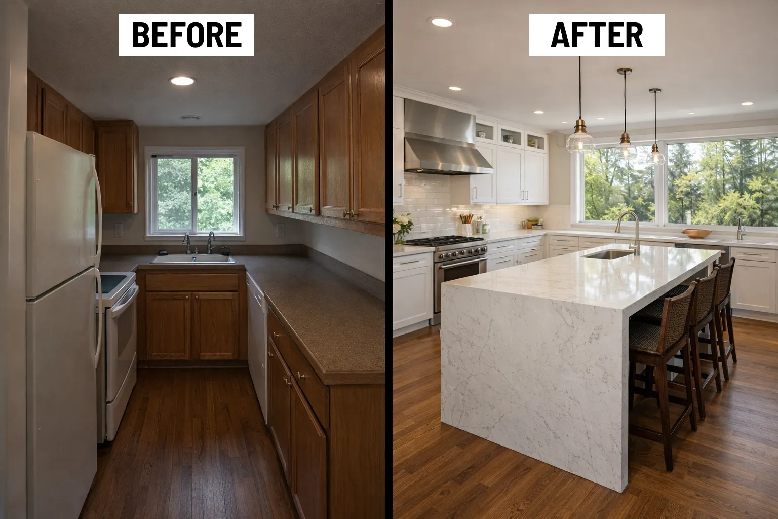 Before and after kitchen remodel in Capitol Hill Seattle — outdated galley kitchen transformed into open-concept modern kitchen with white cabinetry and quartz island