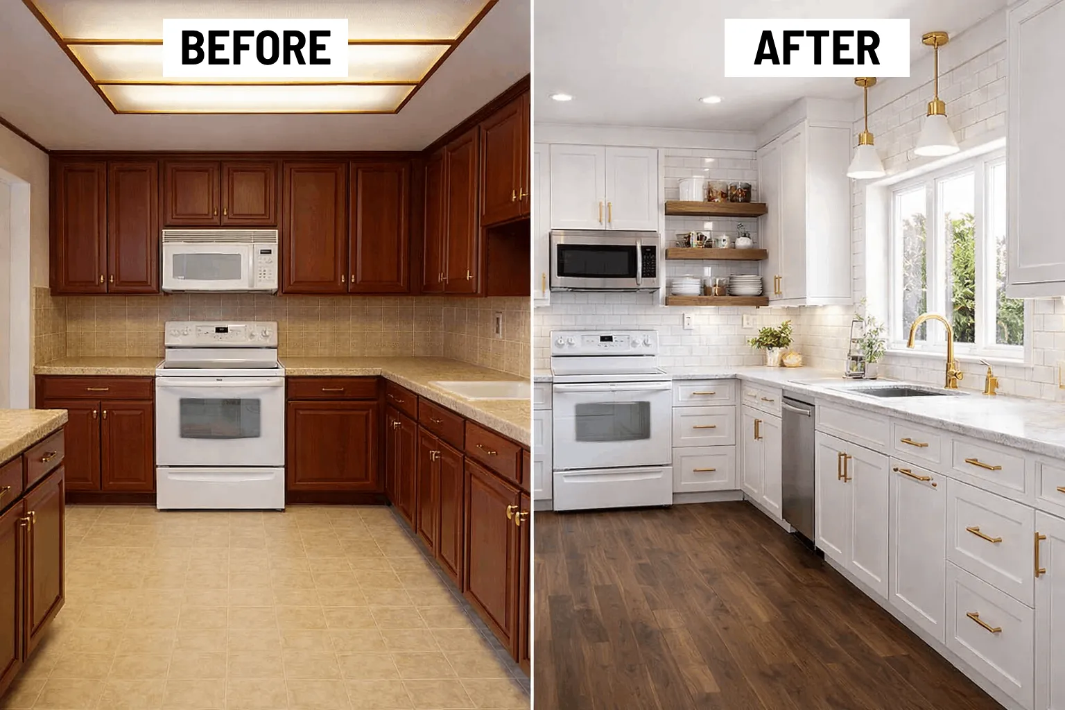 Before and after kitchen renovation in Bellevue — dark 1990s kitchen remodeled into bright transitional kitchen with Shaker cabinets and marble backsplash