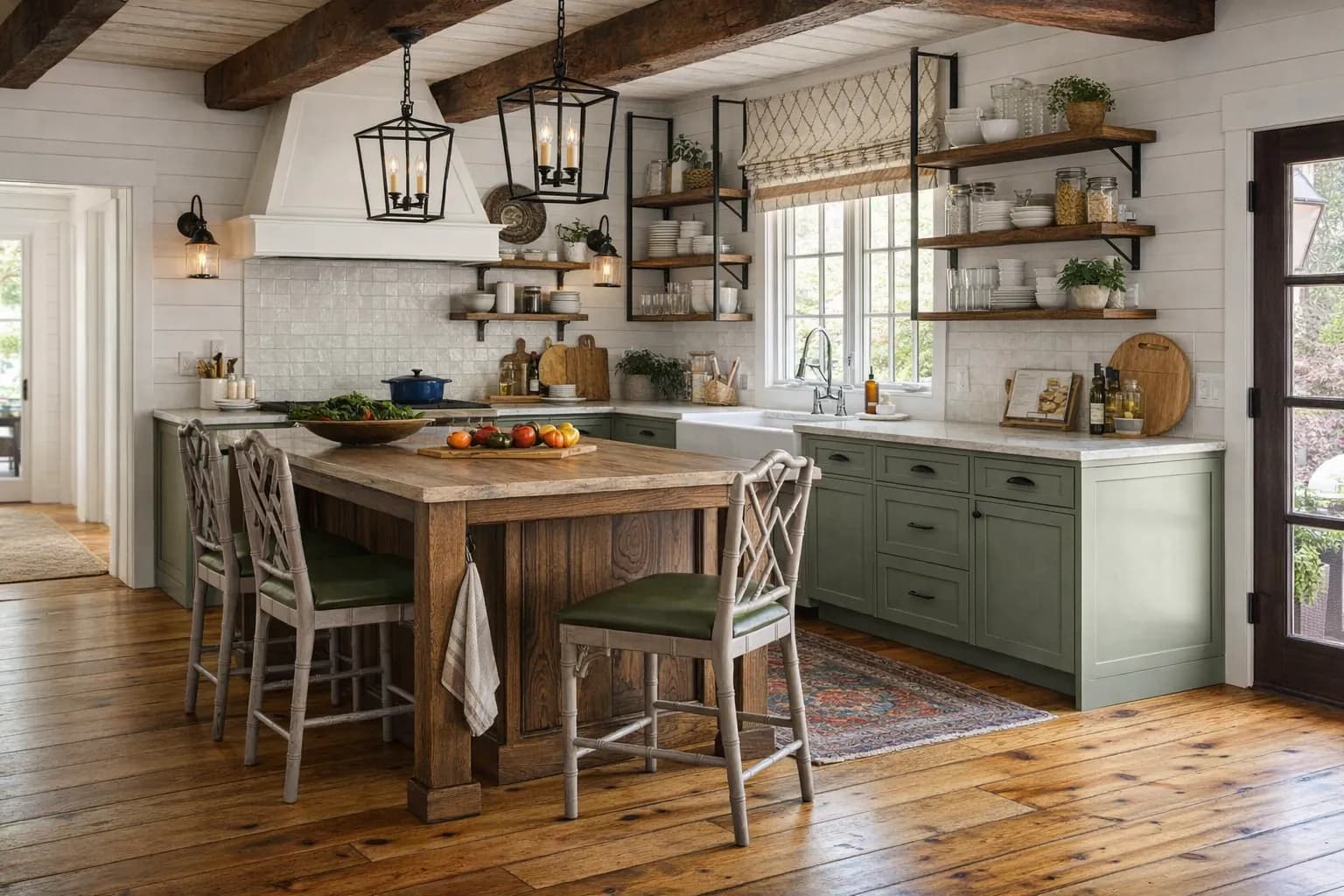Farmhouse kitchen with white shiplap walls, apron-front sink, open wood shelving, and butcher block island countertop