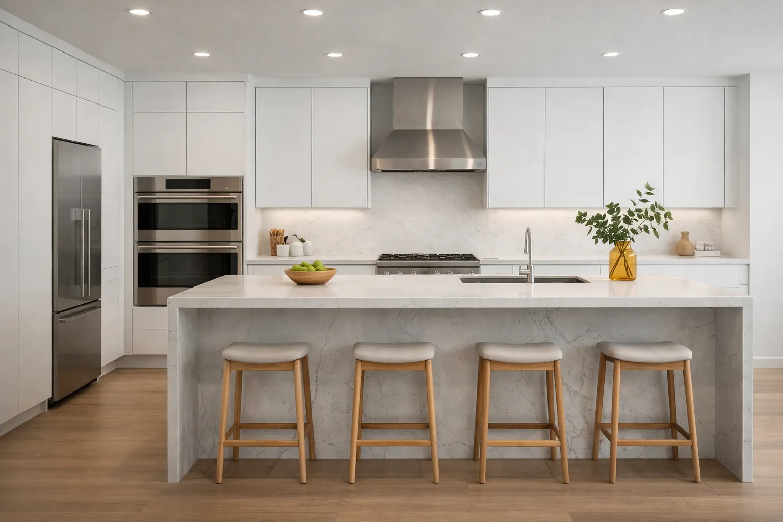 Modern contemporary kitchen with white handleless cabinets, waterfall quartz island, and integrated appliances in a Seattle home
