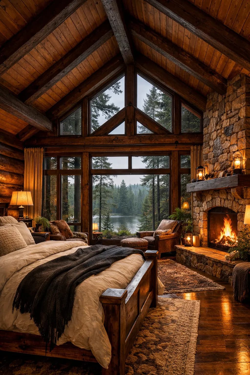 Spacious barndominium master bedroom with exposed steel beams and large windows overlooking rural property