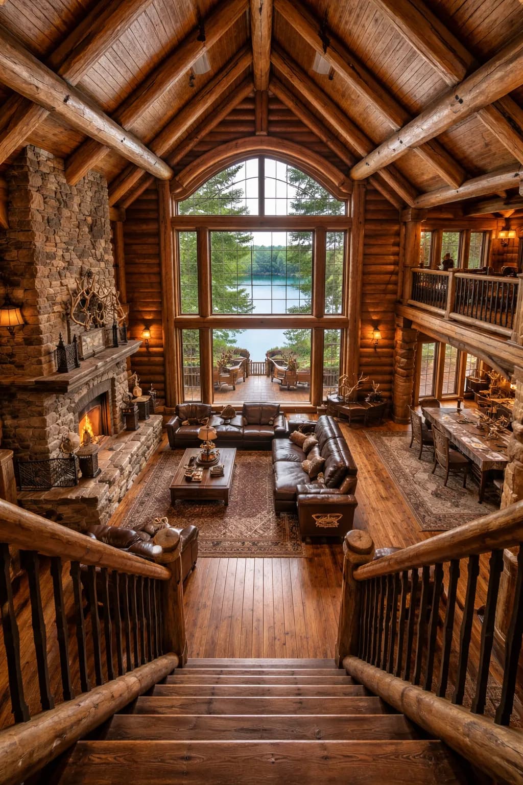 Open-concept barndominium interior with vaulted ceilings, exposed beams, and modern kitchen