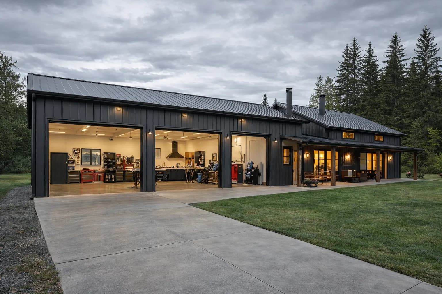 Barndominium with attached workshop and large overhead doors in rural Washington state