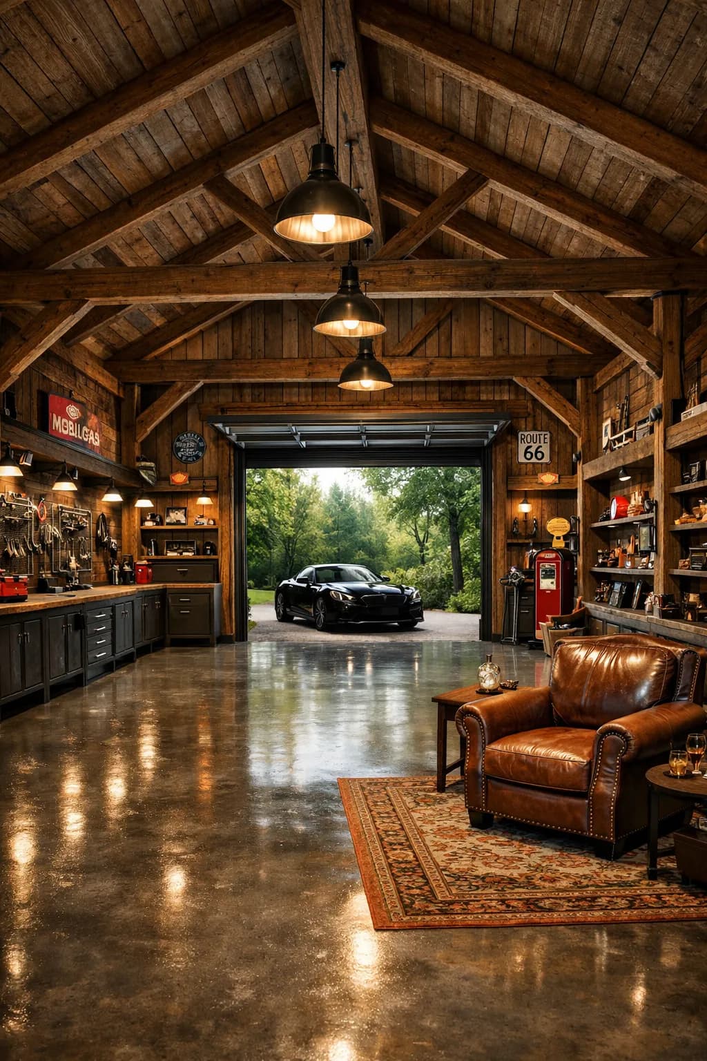 Large attached workshop inside a barndominium with overhead doors and epoxy floor in Washington state