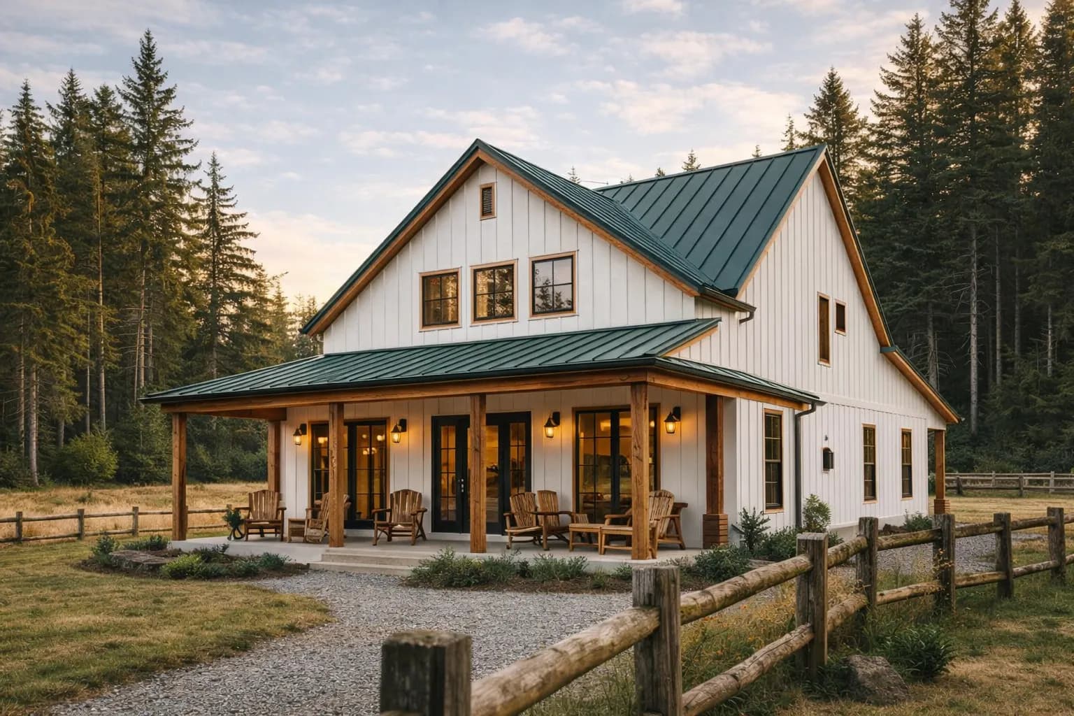 Farmdominium with wraparound covered porch on acreage in Pacific Northwest countryside