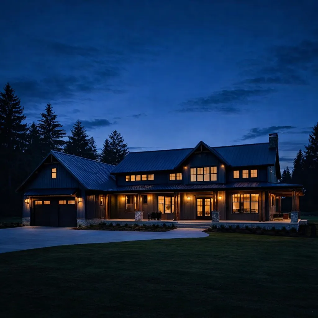 Beautiful barndominium home lit warmly at twilight on rural Washington state property