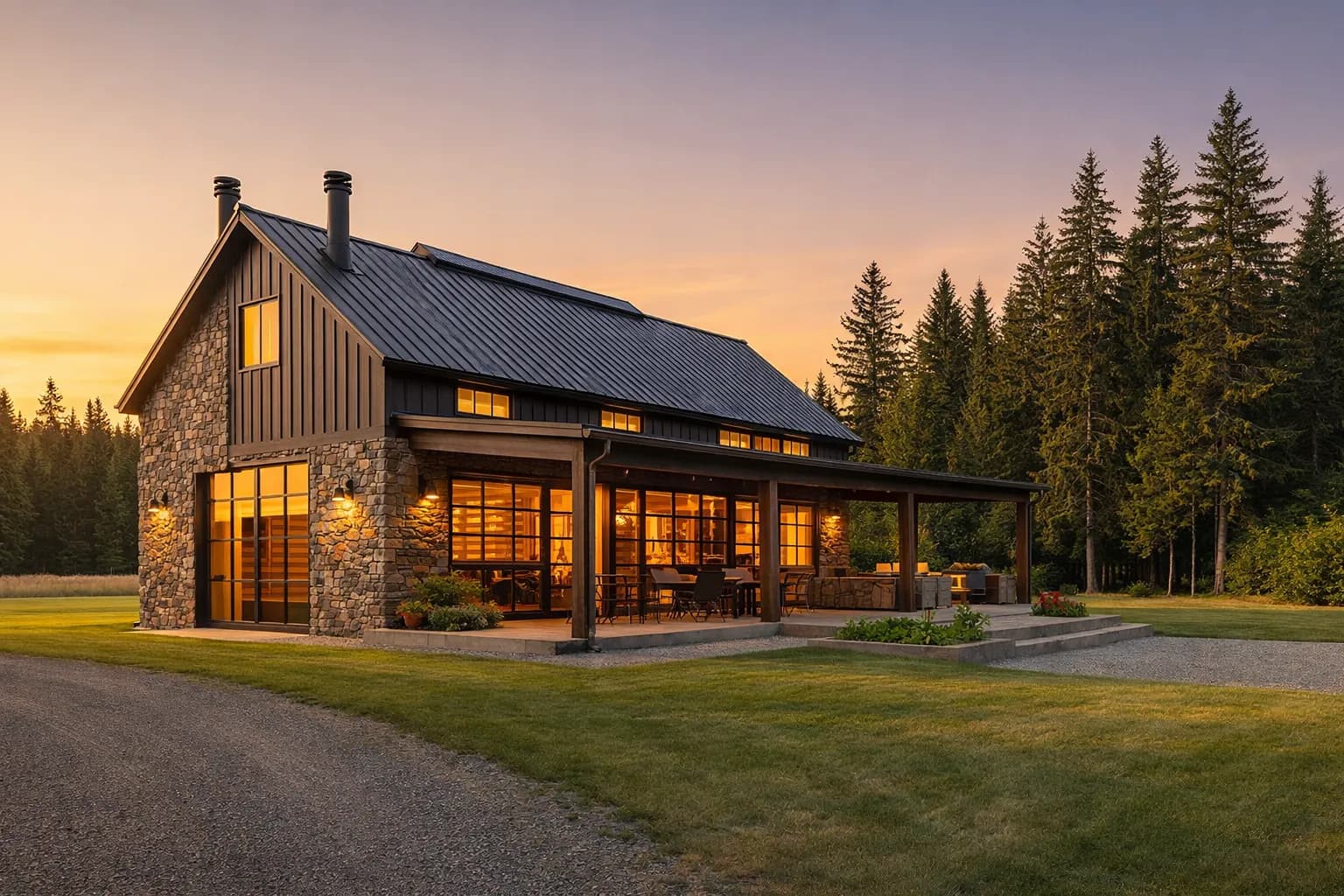 Modern barndominium home with metal roof and stone accents set on Washington state acreage at golden hour