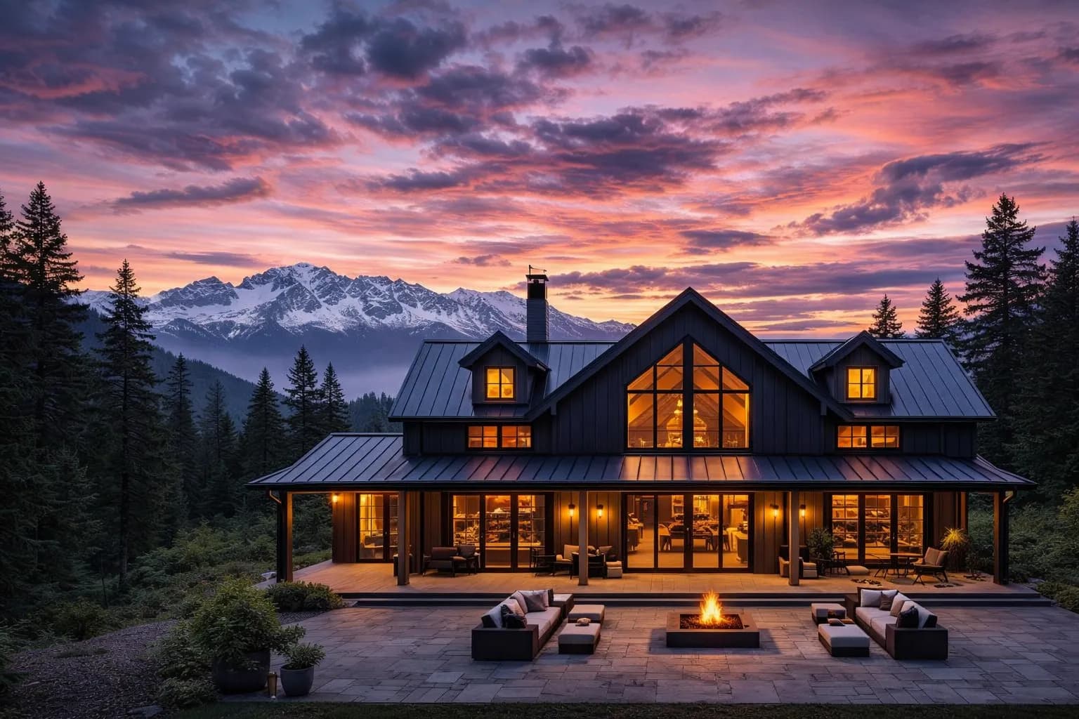 Stunning modern barndominium home at dusk with warm interior lighting on rural Washington state property with mountains in background