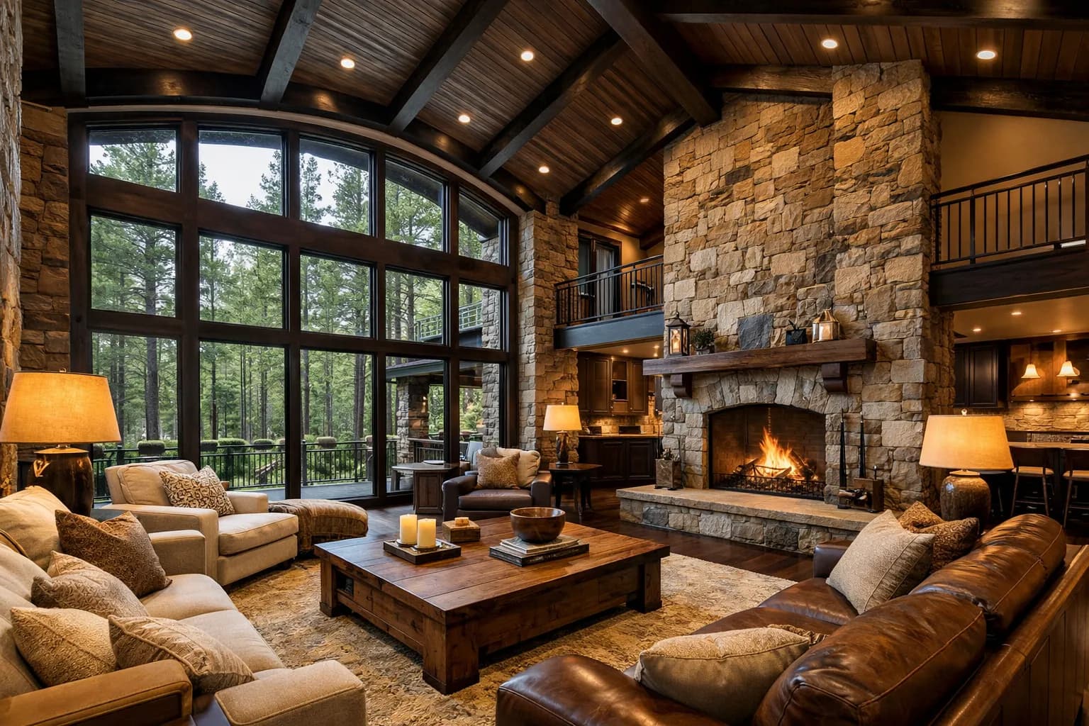Luxury barn house interior with exposed beams, designer kitchen, and high-end finishes