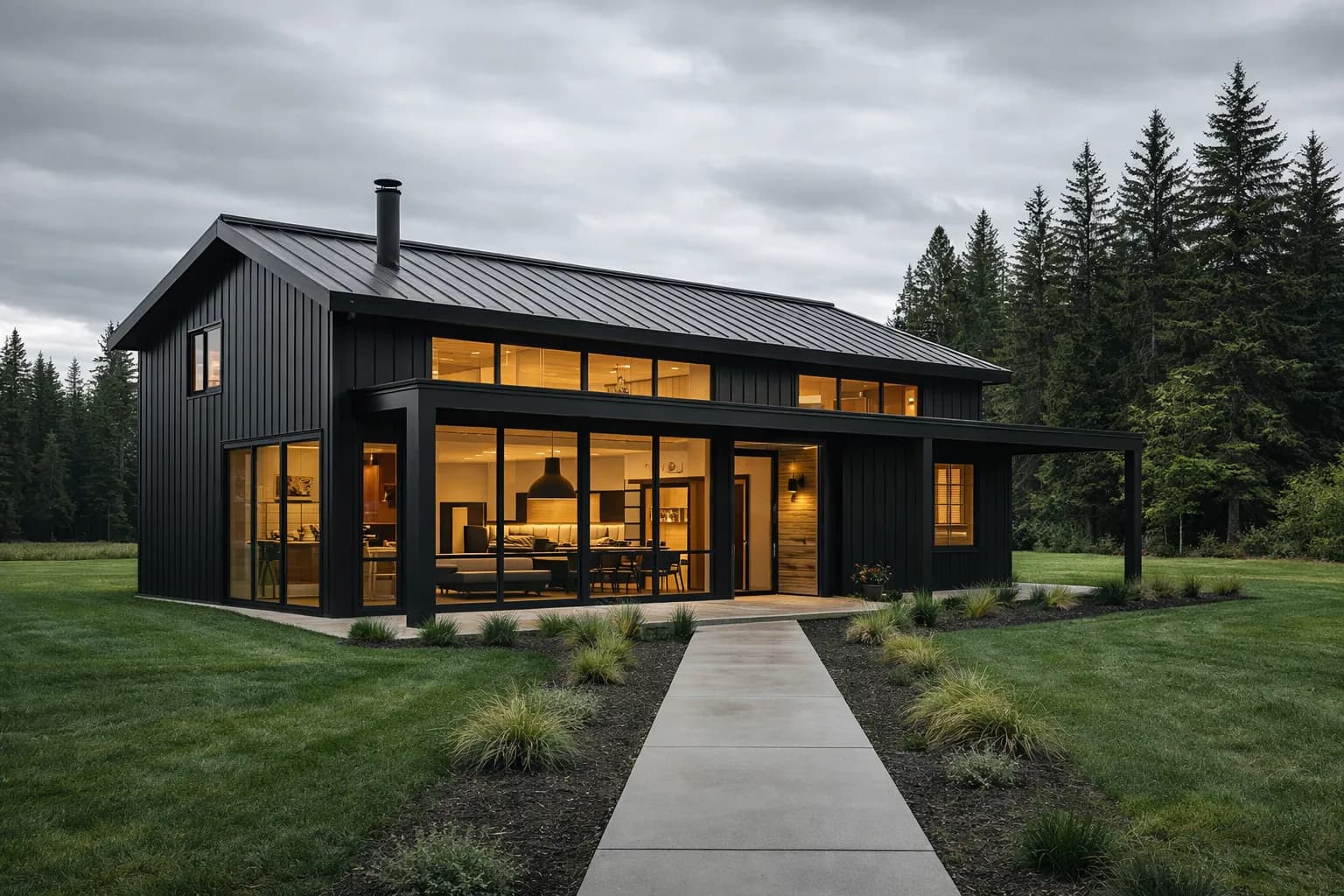 Modern barndominium home with large windows and metal roof in Pacific Northwest setting