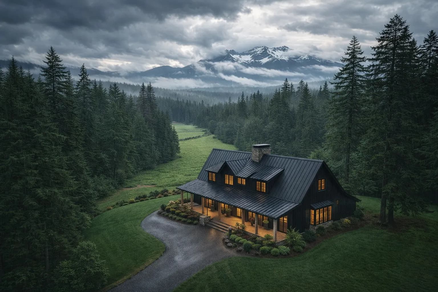 Barndominium home surrounded by Pacific Northwest evergreen trees and mountains on a rainy day