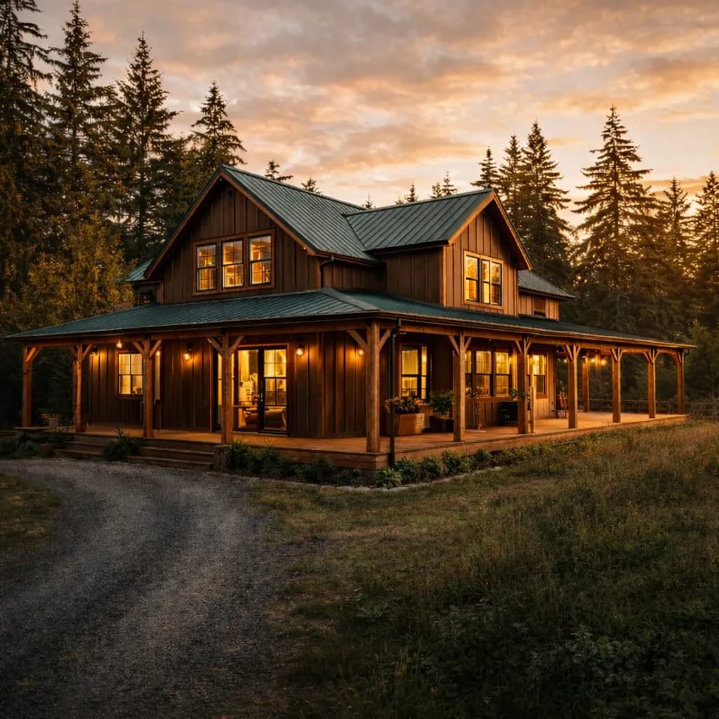 Rustic farmdominium with wraparound porch and board-and-batten siding on Washington state acreage