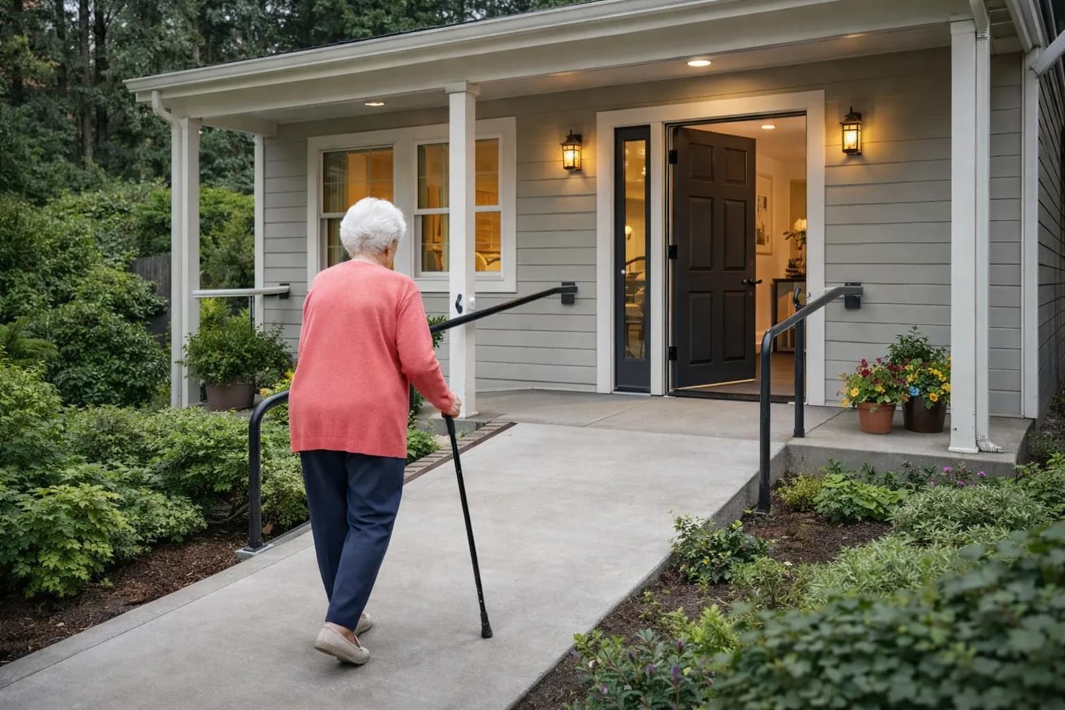 Accessible granny flat with no-step entrance and wide walkway for aging parents