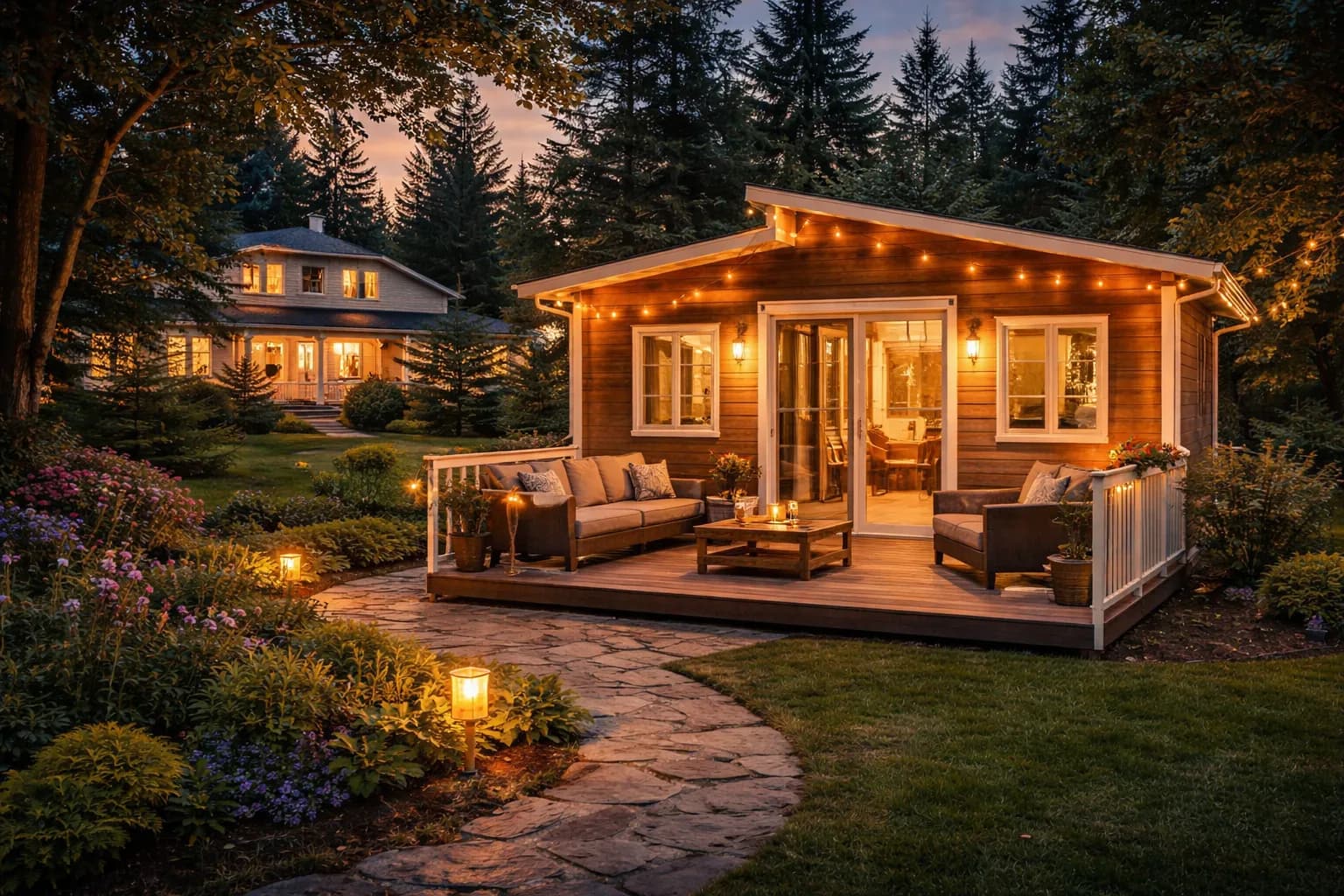 Beautifully lit granny flat at dusk in a Washington state backyard
