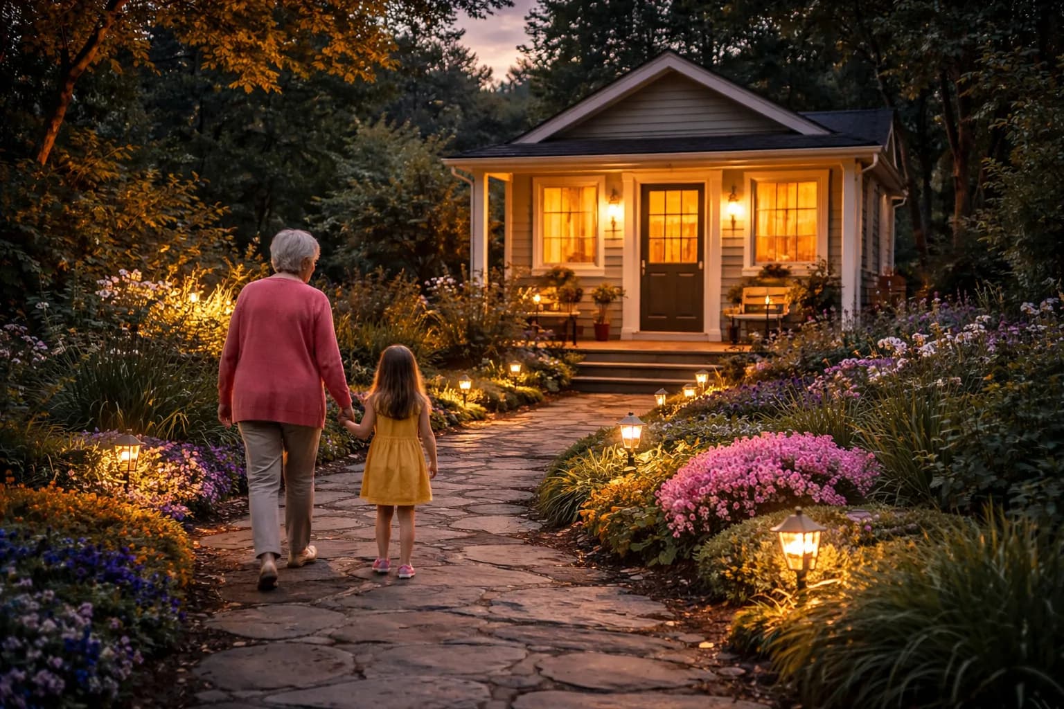 Grandmother and grandchildren walking toward a charming granny flat in a lush Washington backyard at golden hour