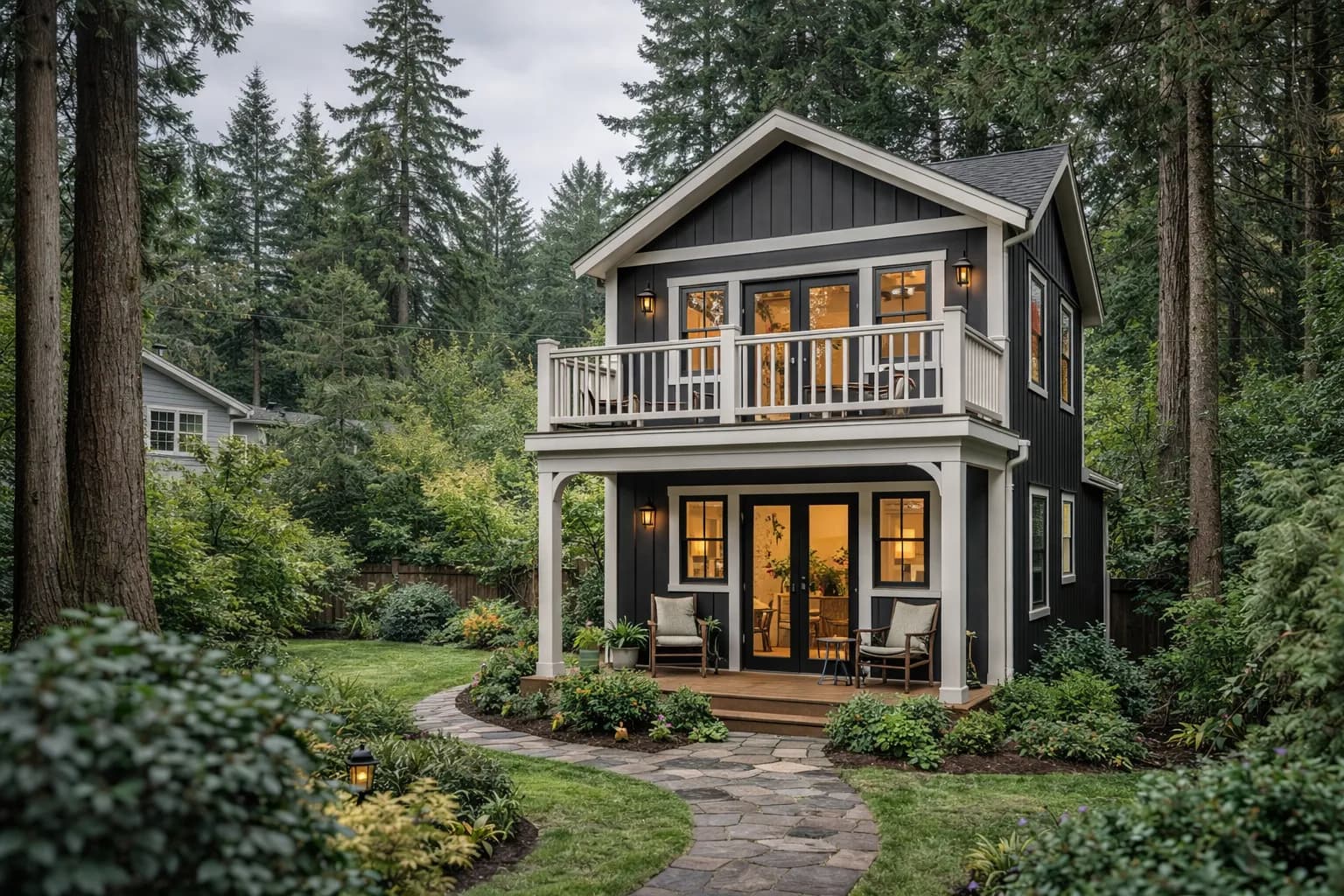Two-story granny flat with balcony nestled in a Pacific Northwest backyard