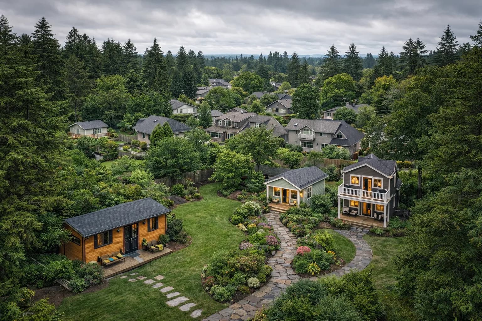 Aerial view of a Washington state neighborhood with granny flats and backyard apartments