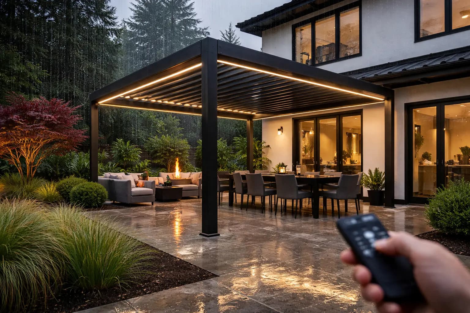 Motorized louvered pergola on a deck in Redmond WA
