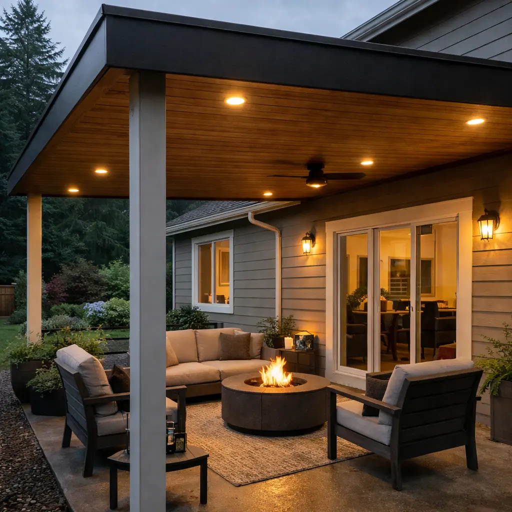 Covered patio with fireplace and seating area in Redmond