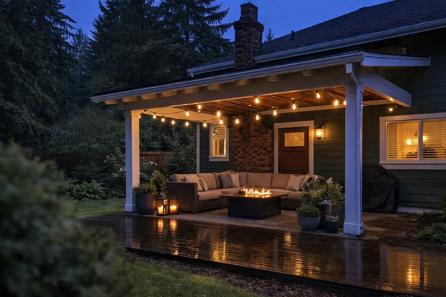 Custom covered patio with outdoor furniture and string lights at dusk in Seattle area by Giant Builders