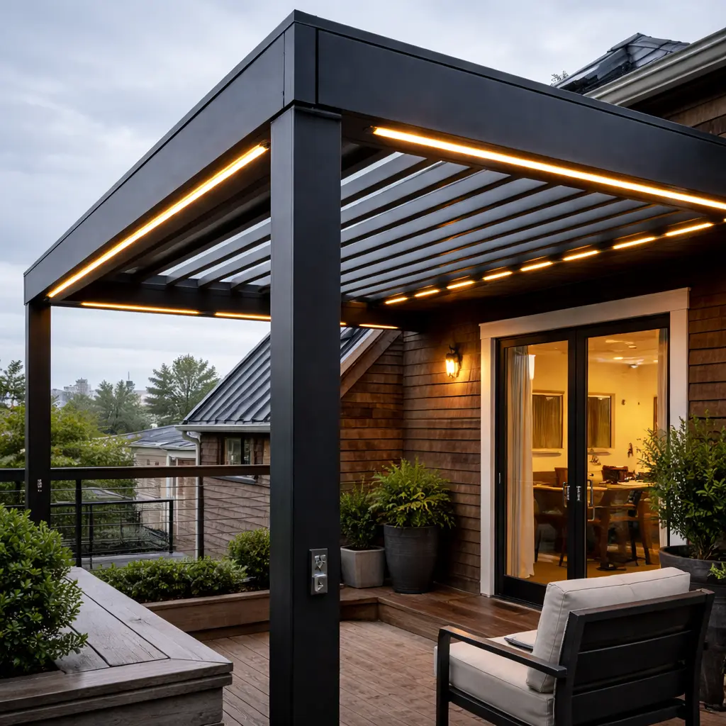 Louvered motorized pergola on rooftop patio in Seattle