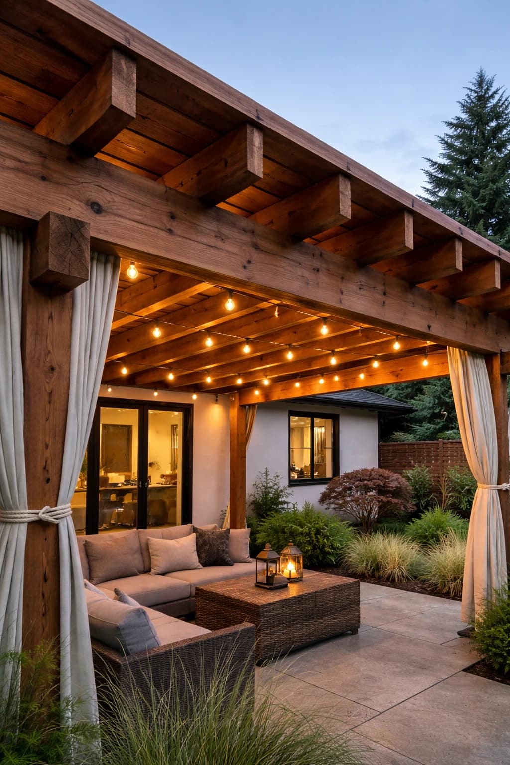 Cedar pergola with string lights in Kirkland backyard