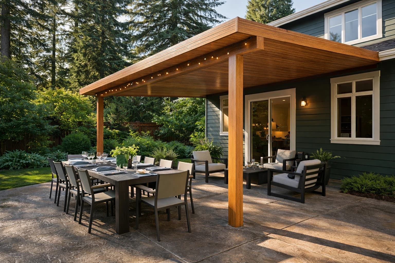 Alumawood patio cover with wood grain finish in Everett WA